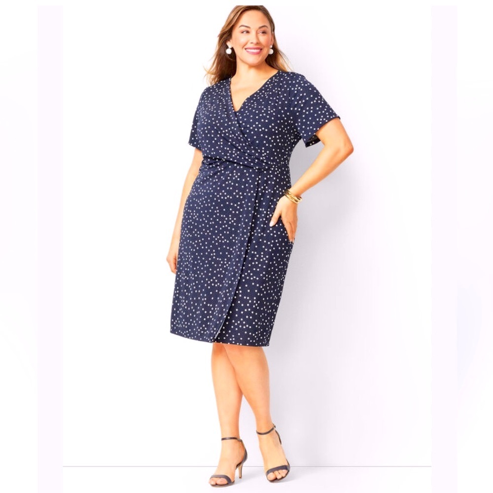 Talbots Blue Ruched Faux Wrap Midi Dress Plus Size Knit Jersey - Dot Print